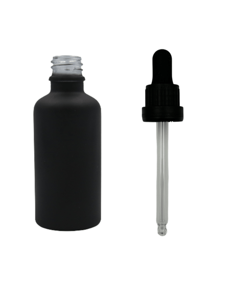 30ml Matte Black Glass Bottles + Tamper Evident Pipettes with black cap and black bulb