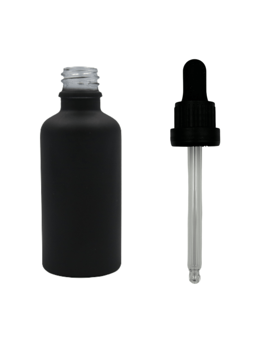 30ml Matte Black Glass Bottles + Tamper Evident Pipettes with black cap and black bulb