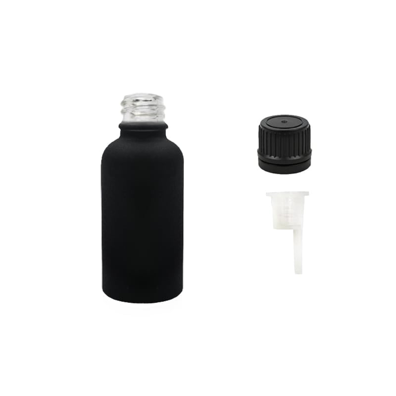 30ml Matte Black Glass Dropper Bottle with 0.6mm Dripper Insert and Tamper Evident Black Cap (Type II)