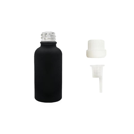 30ml Matte Black Glass Dropper Bottle with 0.6mm Dripper Insert and Tamper Evident White Cap (Type III)