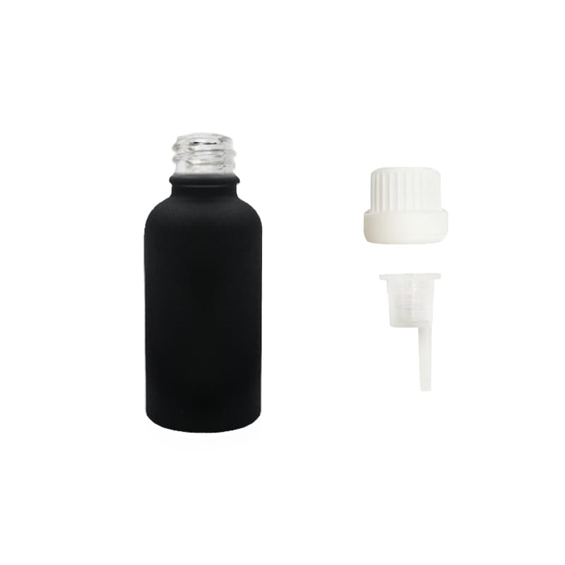 30ml Matte Black Glass Dropper Bottle with 0.6mm Dripper Insert and Tamper Evident White Cap (Type III)