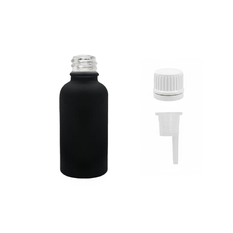30ml Matte Black Glass Dropper Bottle with 1.0mm Dripper Insert and Tamper Evident Black Cap (Type II)