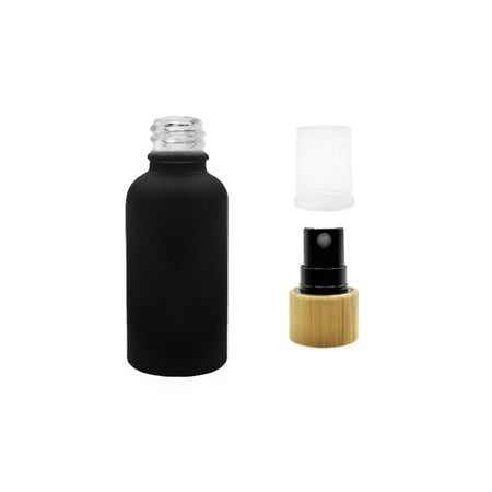 30ml Matte Black Glass Dropper Bottle with Black Atomiser with Bamboo Collar and Clear Over Cap