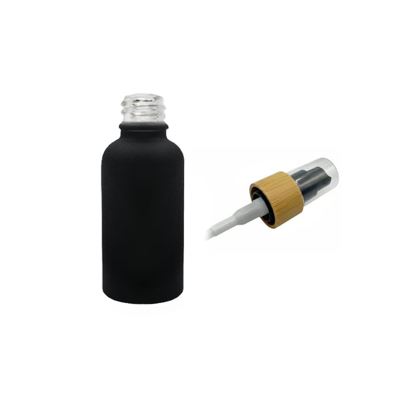 30ml Matte Black Glass Dropper Bottle with Black Lotion Pump with Bamboo Collar and Clear Over Cap