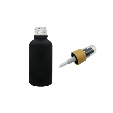 30ml Matte Black Glass Dropper Bottle with Black Lotion Pump with Bamboo Collar and Clear Over Cap