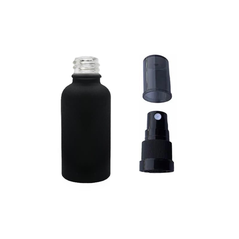 30ml Matte Black Glass Dropper Bottle with Black Tamper Evident Atomiser and Smoke Tinted Over Cap (Type III)