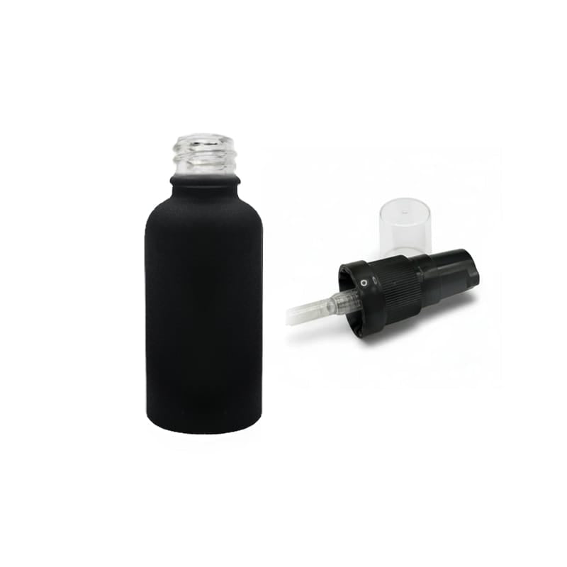 30ml Matte Black Glass Dropper Bottle with Black Tamper Evident Lotion Pump and Clear Over Cap (Type III)