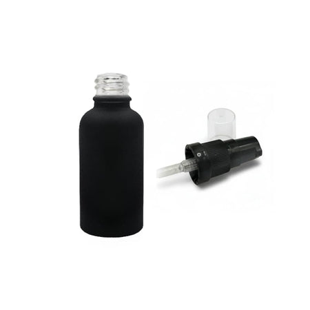 30ml Matte Black Glass Dropper Bottle with Black Tamper Evident Lotion Pump and Clear Over Cap (Type III)
