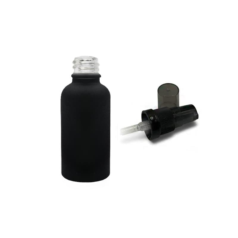 30ml Matte Black Glass Dropper Bottle with Black Tamper Evident Lotion Pump and Smoke Tinted Over Cap (Type III)