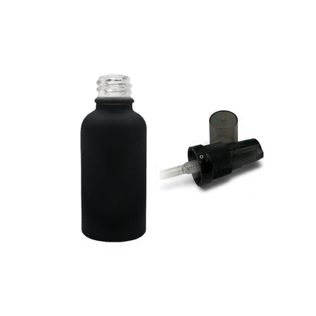 30ml Matte Black Glass Dropper Bottle with Black Tamper Evident Lotion Pump and Smoke Tinted Over Cap (Type III)
