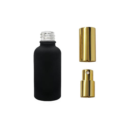 30ml Matte Black Glass Dropper Bottle with Gold Atomiser with Gold Over Cap