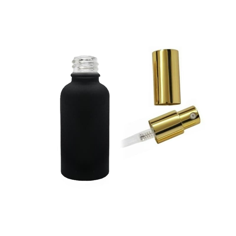 30ml Matte Black Glass Dropper Bottle with Gold Lotion Pump with Gold Over Cap