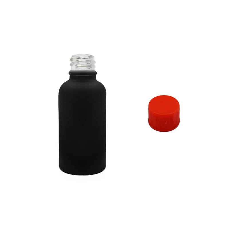 30ml Matte Black Glass Dropper Bottle with Red PP Wadded Cap DIN 18mm