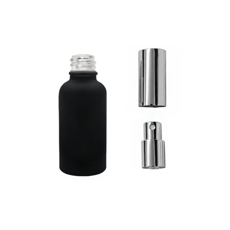 30ml Matte Black Glass Dropper Bottle with Silver Atomiser with Silver Over Cap