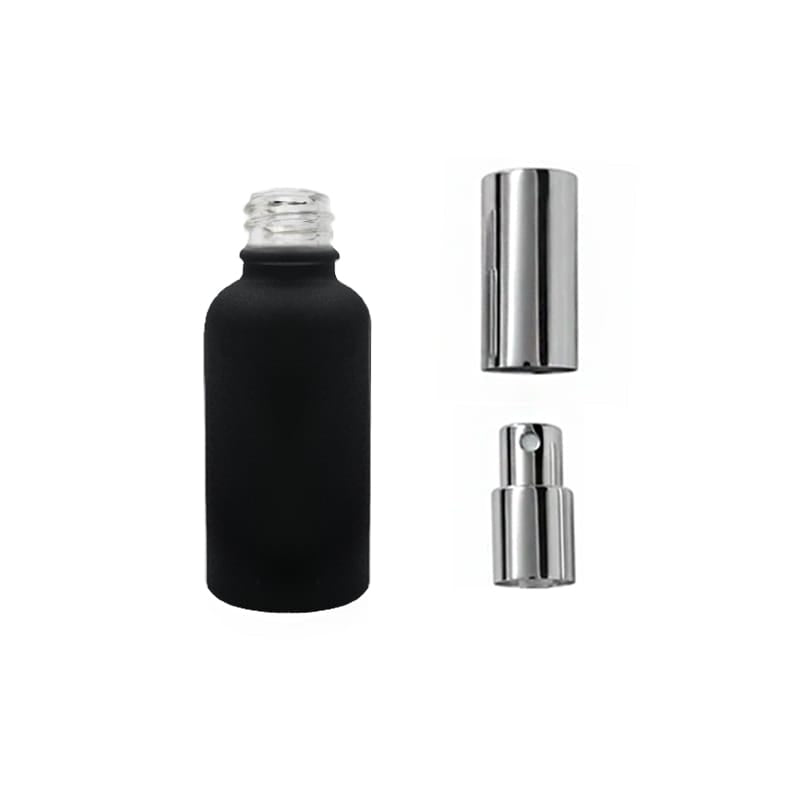 30ml Matte Black Glass Dropper Bottle with Silver Atomiser with Silver Over Cap