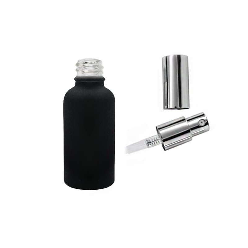 30ml Matte Black Glass Dropper Bottle with Silver Lotion Pump with Silver Over Cap