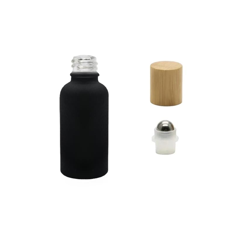 30ml Matte Black Glass Dropper Bottle with Stainless Steel Roller Ball Insert with Bamboo Cap