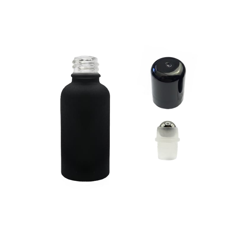 30ml Matte Black Glass Dropper Bottle with Stainless Steel Roller Ball with Plastic Black Cap