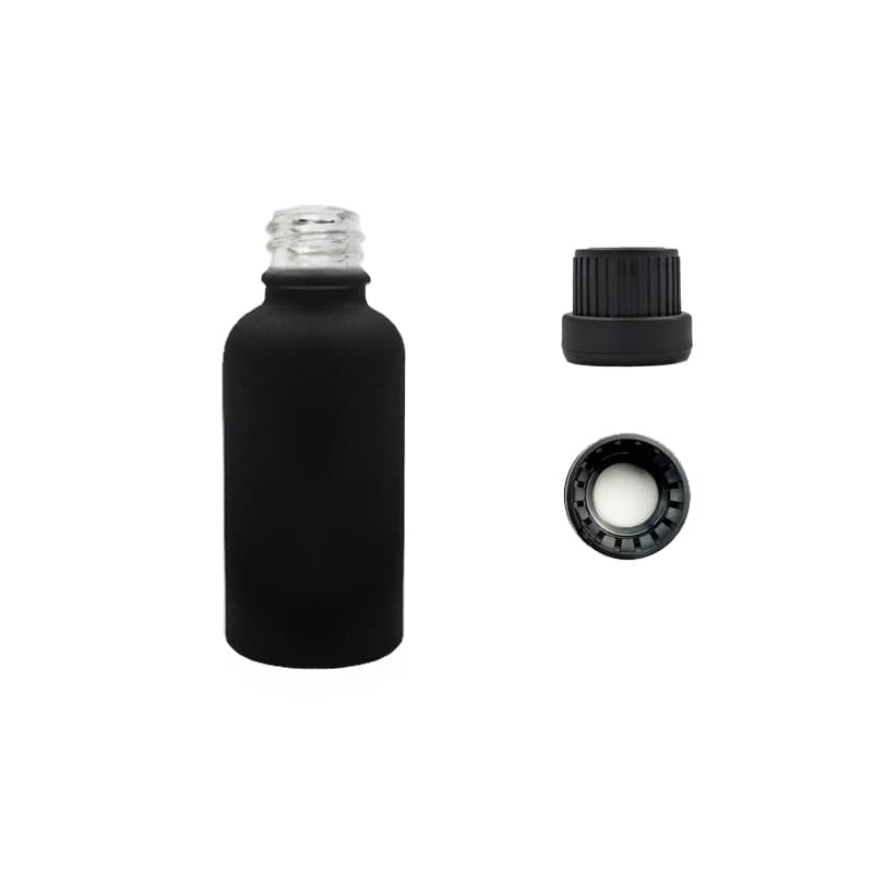 30ml Matte Black Glass Dropper Bottle with Tamper Evident Ribbed Black Cap and EPE Liner (Type III)