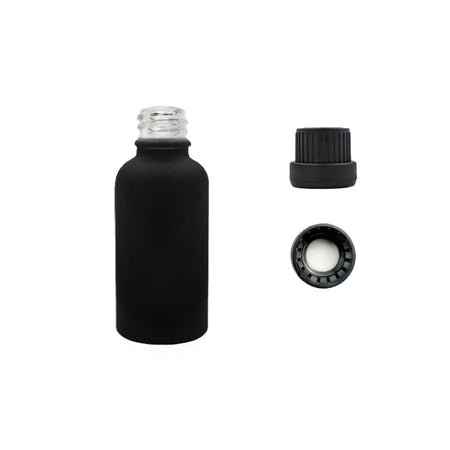 30ml Matte Black Glass Dropper Bottle with Tamper Evident Ribbed Black Cap and EPE Liner (Type III)