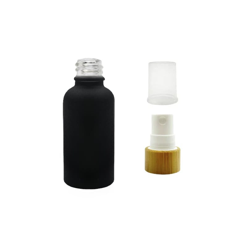 30ml Matte Black Glass Dropper Bottle with White Atomiser with Bamboo Collar and Clear Over Cap