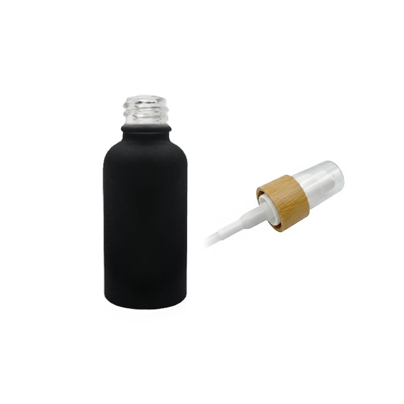 30ml Matte Black Glass Dropper Bottle with White Lotion Pump with Bamboo Collar and Clear Over Cap