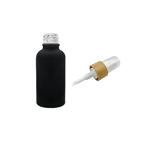 30ml Matte Black Glass Dropper Bottle with White Lotion Pump with Bamboo Collar and Clear Over Cap
