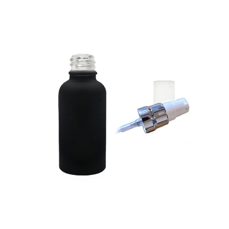 30ml Matte Black Glass Dropper Bottle with White Lotion Pump with Silver Collar and Clear Over Cap