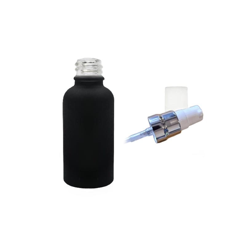 30ml Matte Black Glass Dropper Bottle with White Lotion Pump with Silver Collar and Clear Over Cap