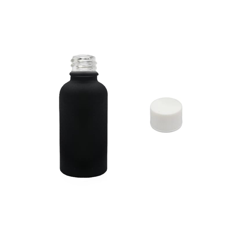 30ml Matte Black Glass Dropper Bottle with White PP Wadded Cap DIN 18mm