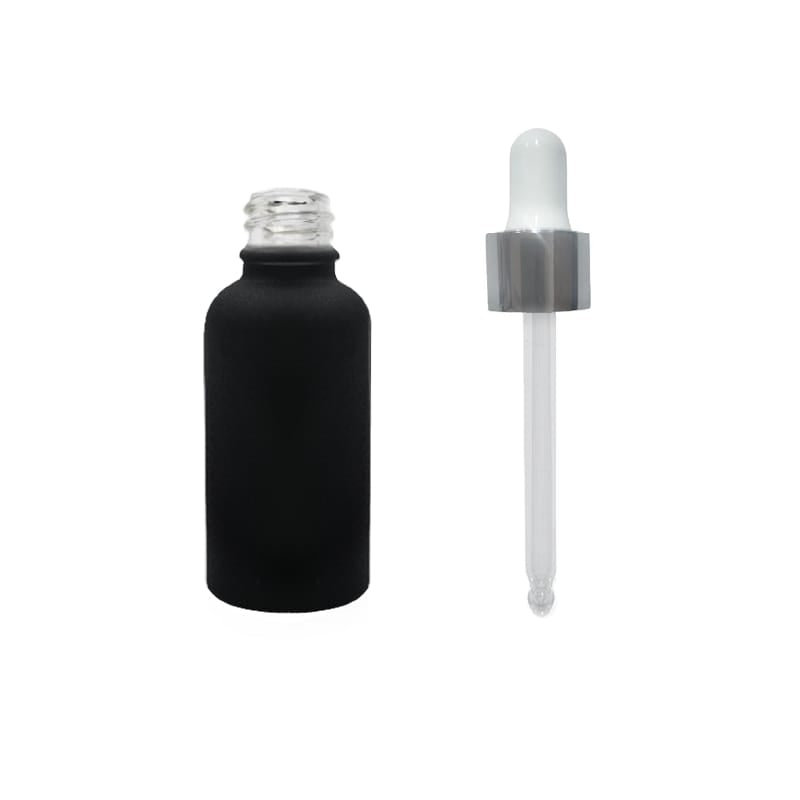 30ml Matte Black Glass Dropper Bottle with White & Silver Dropper