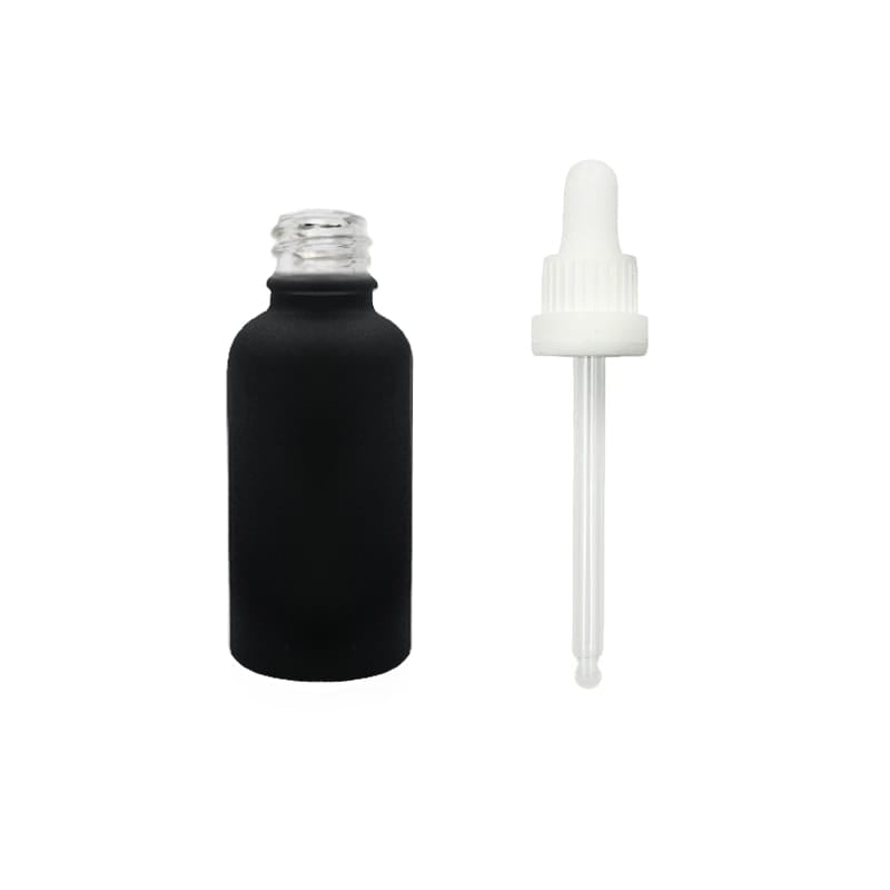 30ml Matte Black Glass Dropper Bottle with White Tamper Evident Dropper (Type III)