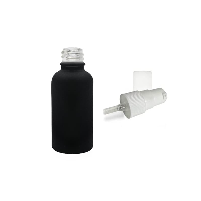 30ml Matte Black Glass Dropper Bottle with White Tamper Evident Lotion Pump and Clear Over Cap (Type III)