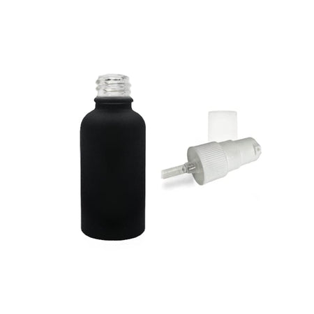 30ml Matte Black Glass Dropper Bottle with White Tamper Evident Lotion Pump and Clear Over Cap (Type III)