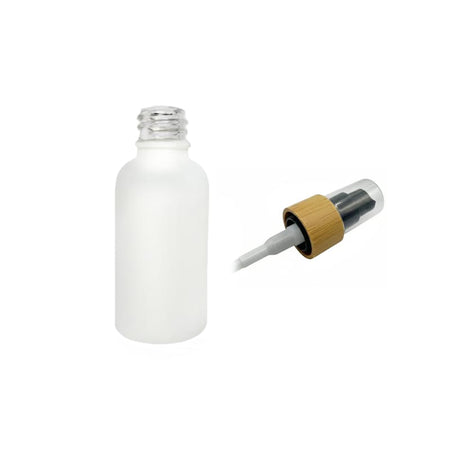 30ml Matte White Glass Dropper Bottle with Black Lotion Pump with Bamboo Collar and Clear Over Cap