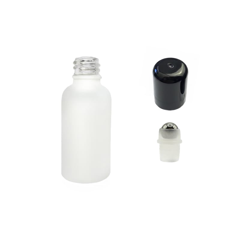 30ml Matte White Glass Dropper Bottle with Stainless Steel Roller Ball with Plastic Black Cap