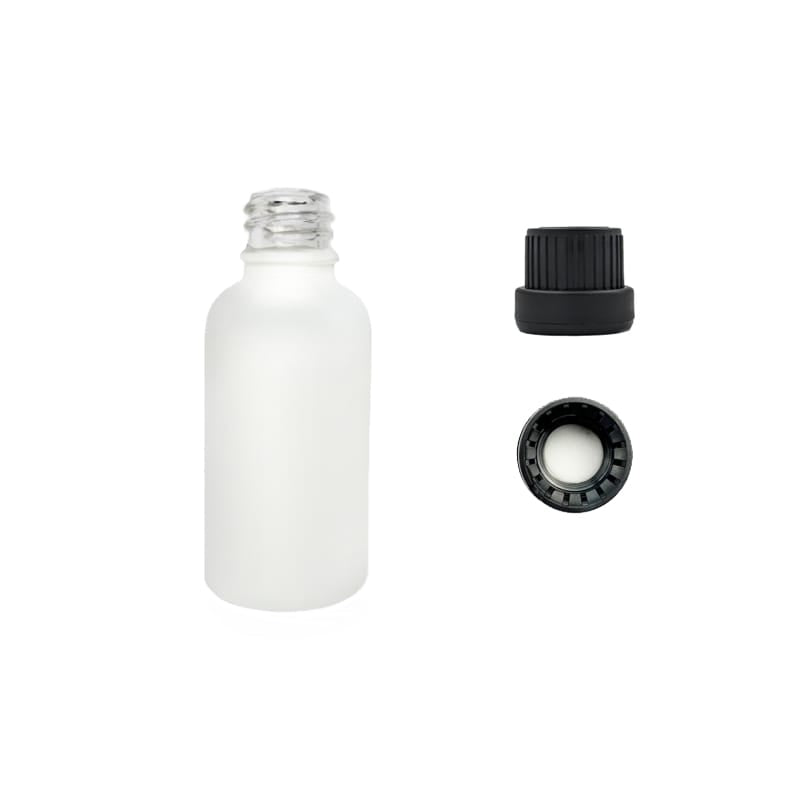 30ml Matte White Glass Dropper Bottle with Tamper Evident Ribbed Black Cap and EPE Liner (Type III)