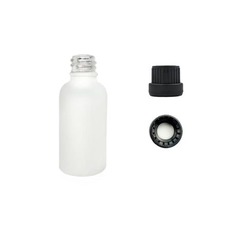 30ml Matte White Glass Dropper Bottle with Tamper Evident Ribbed Black Cap and EPE Liner (Type III)