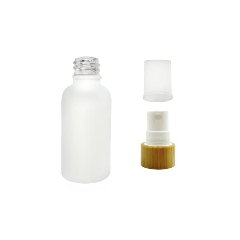 30ml Matte White Glass Dropper Bottle with White Atomiser with Bamboo Collar and Clear Over Cap