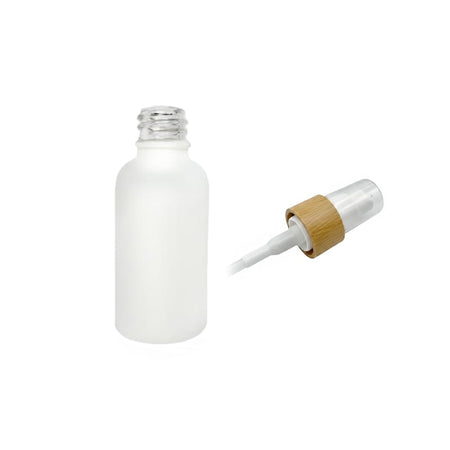 30ml Matte White Glass Dropper Bottle with White Lotion Pump with Bamboo Collar and Clear Over Cap