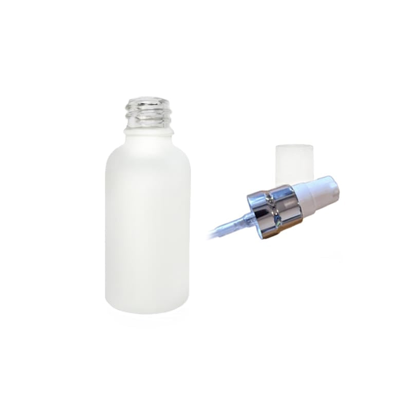 30ml Matte White Glass Dropper Bottle with White Lotion Pump with Silver Collar and Clear Over Cap