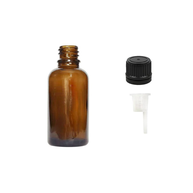 30ml Premium Amber Glass Dropper Bottle with 0.6mm Dripper Insert and Tamper Evident Black Cap (Type II)