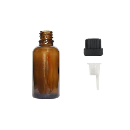 30ml Premium Amber Glass Dropper Bottle with 0.6mm Dripper Insert and Tamper Evident Black Cap (Type III)