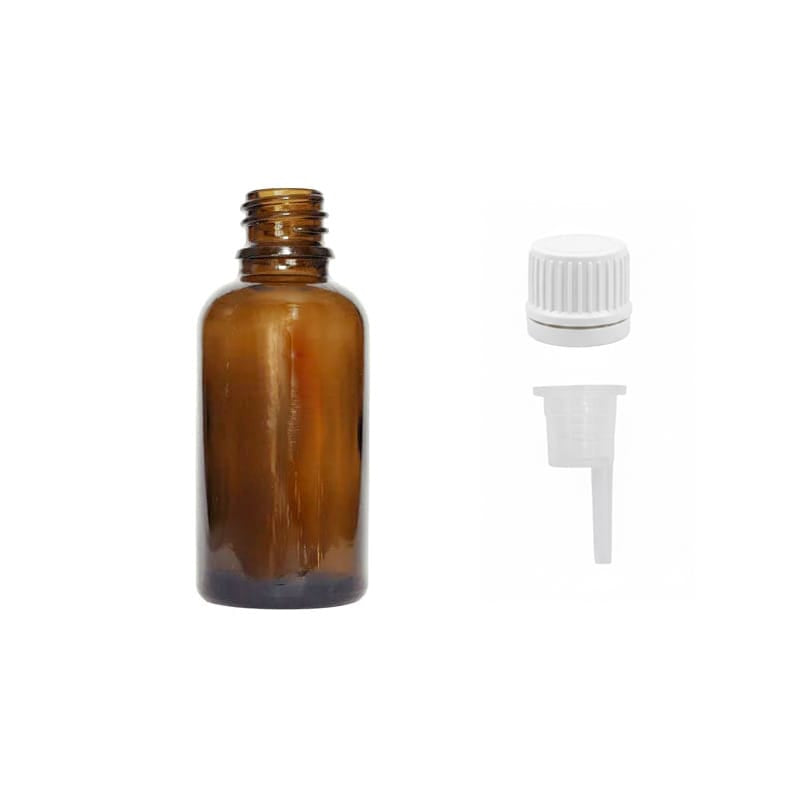 30ml Premium Amber Glass Dropper Bottle with 0.6mm Dripper Insert and Tamper Evident White Cap (Type II)