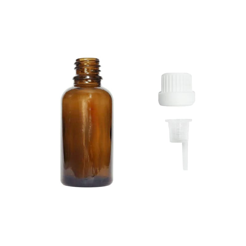 30ml Premium Amber Glass Dropper Bottle with 0.6mm Dripper Insert and Tamper Evident White Cap (Type III)