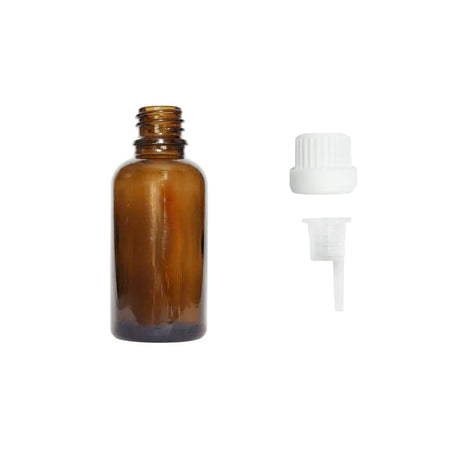 30ml Premium Amber Glass Dropper Bottle with 0.6mm Dripper Insert and Tamper Evident White Cap (Type III)