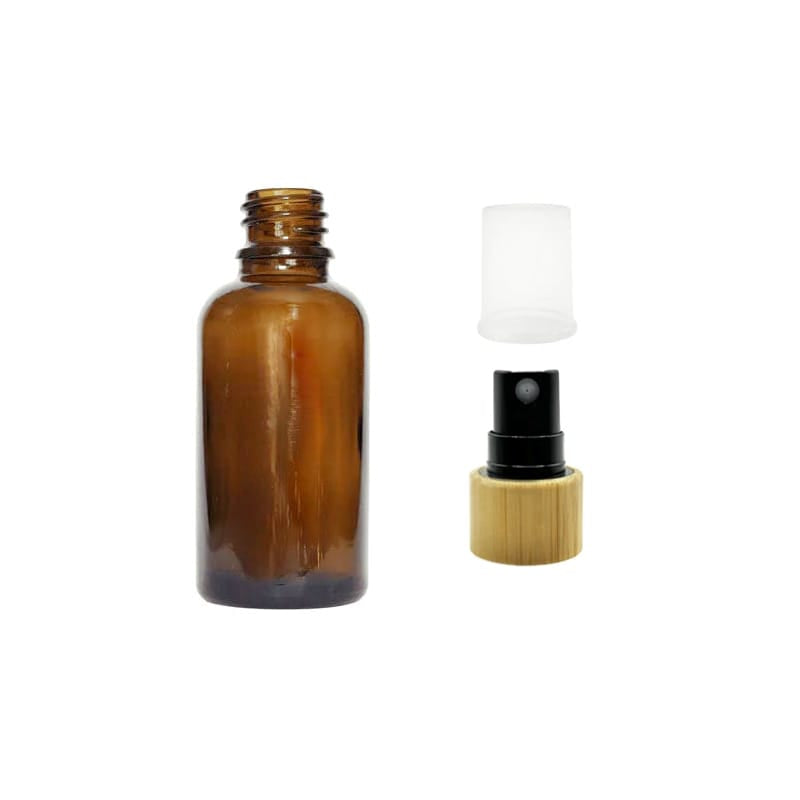30ml Premium Amber Glass Dropper Bottle with Black Atomiser with Bamboo Collar and Clear Over Cap