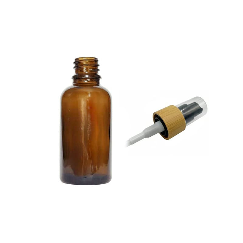 30ml Premium Amber Glass Dropper Bottle with Black Lotion Pump with Bamboo Collar and Clear Over Cap