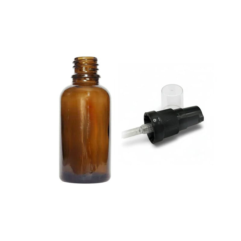 30ml Premium Amber Glass Dropper Bottle with Black Tamper Evident Lotion Pump and Clear Over Cap (Type III)