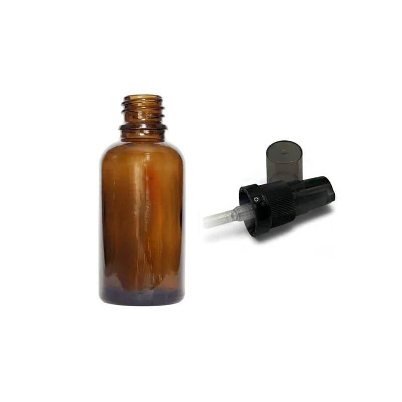 30ml Premium Amber Glass Dropper Bottle with Black Tamper Evident Lotion Pump and Smoke Tinted Over Cap (Type III)